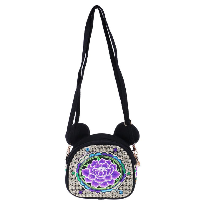 Crofta Yunnan Ethnic Flower Embroidery Ethnic Canvas Women Shoulder Bag Purple