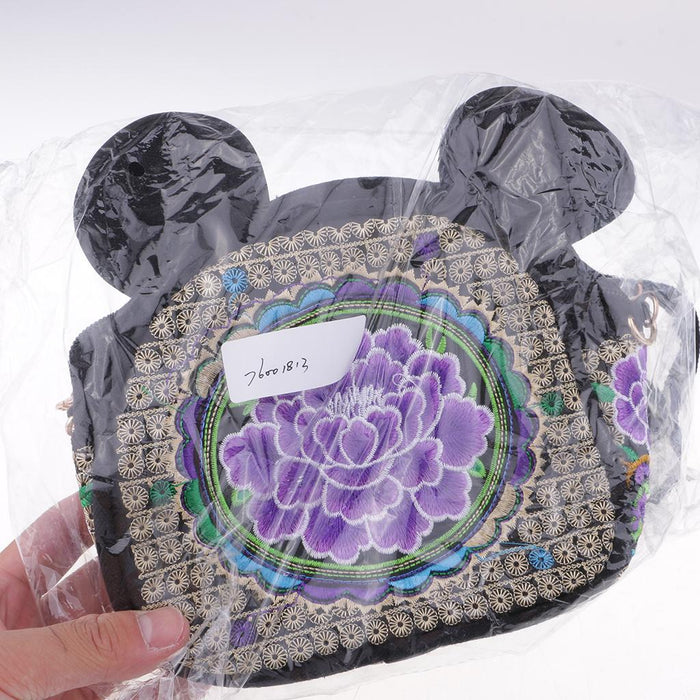 Crofta Yunnan Ethnic Flower Embroidery Ethnic Canvas Women Shoulder Bag Purple