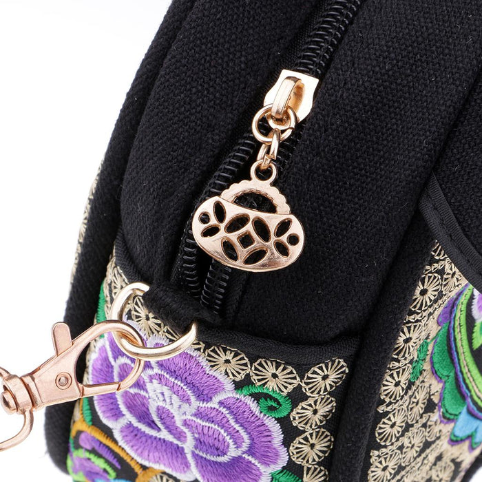 Crofta Yunnan Ethnic Flower Embroidery Ethnic Canvas Women Shoulder Bag Purple