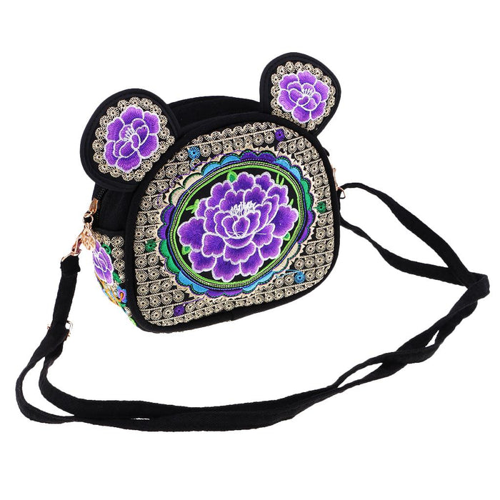 Crofta Yunnan Ethnic Flower Embroidery Ethnic Canvas Women Shoulder Bag Purple