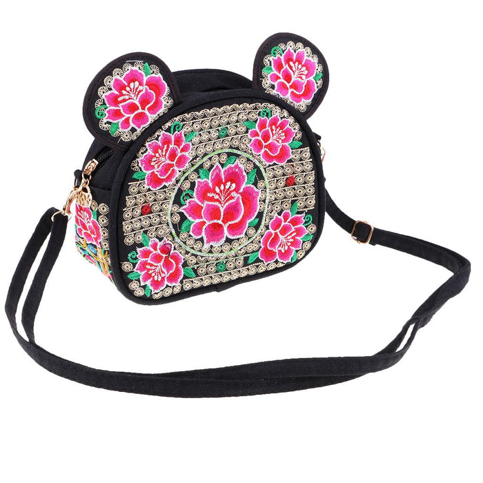 Crofta Yunnan Ethnic Flower Embroidery Ethnic Canvas Women Shoulder Bag Red