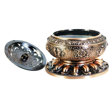 Crofta Vintage Alloy Cone Incense Burner Holder Bowl With Firm Lid Base For Coil Stick Golden