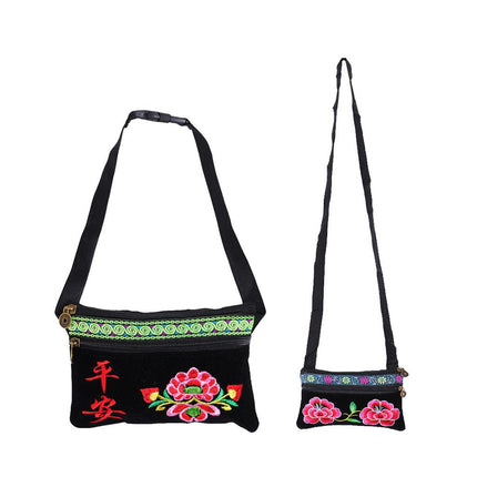 Crofta Vintage Ethnic Shoulder Bag Flower Embroidery Cross Body Messenger Bag A