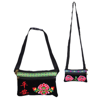 Crofta Vintage Ethnic Shoulder Bag Flower Embroidery Cross Body Messenger Bag A