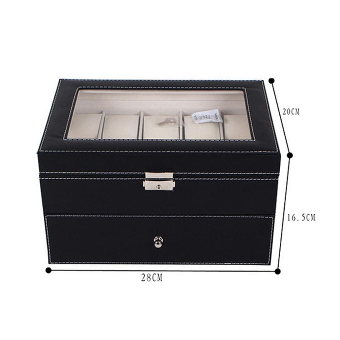 Crofta 20 Slots PU Leather Watch Display Case Glass Top Jewelry Storage Organizer