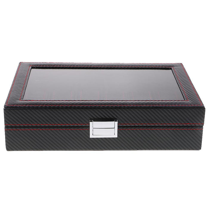 Crofta 12 Slots PU Leather Watch Display Case Glass Top Locking Storage Organizer