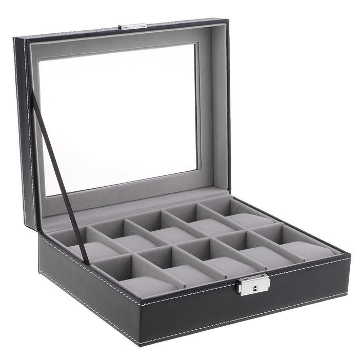 Crofta 10 Grids PU Leather Watch Display Case Box Storage Organizer for Mens Gift