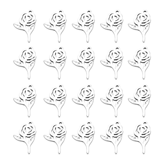 20Pcs Stainless Steel Rose Charms Pendants for DIY Jewelry Making Craft