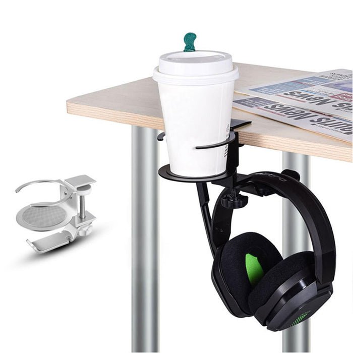 Crofta 2 In 1 Headphone Hanger Cup Holder Headphone Clamp Hook Cable Clip Black