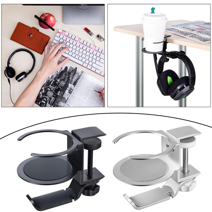 Crofta 2 In 1 Headphone Hanger Cup Holder Headphone Clamp Hook Cable Clip Black