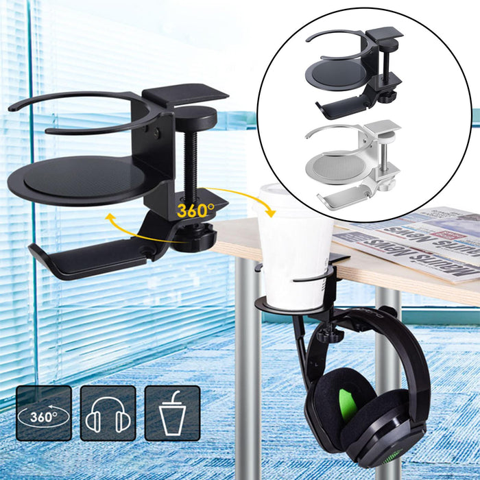 Crofta 2 In 1 Headphone Hanger Cup Holder Headphone Clamp Hook Cable Clip Black