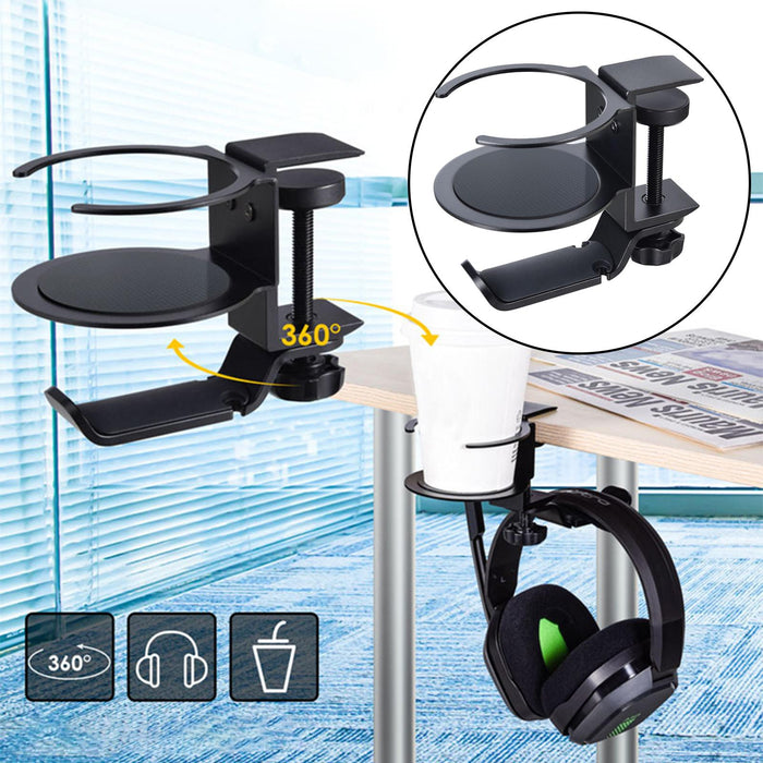 Crofta 2 In 1 Headphone Hanger Cup Holder Headphone Clamp Hook Cable Clip Black