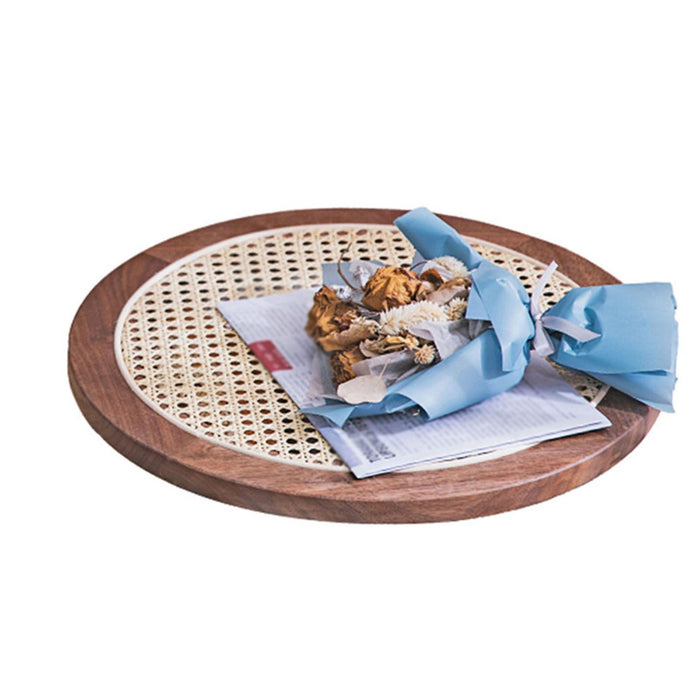 Crofta Rattan Serving Tray Round Cake Dish Dining Room Organizer Guest Room Storage Dark Walnut