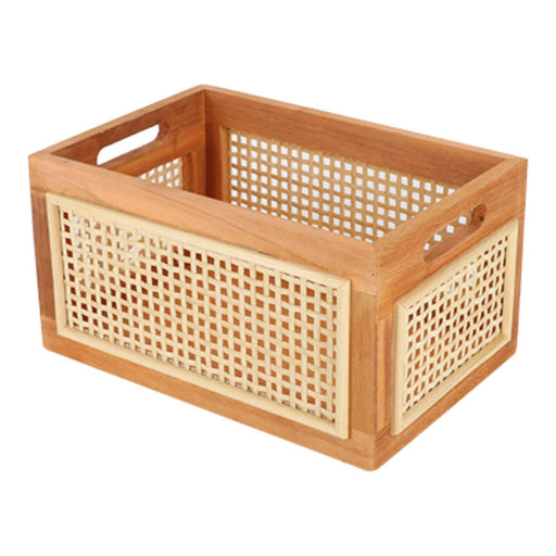 Crofta Wooden Basket Portable Rattan Storage Basket for Display Shelf Cabinet Books wood 30x20x16cm