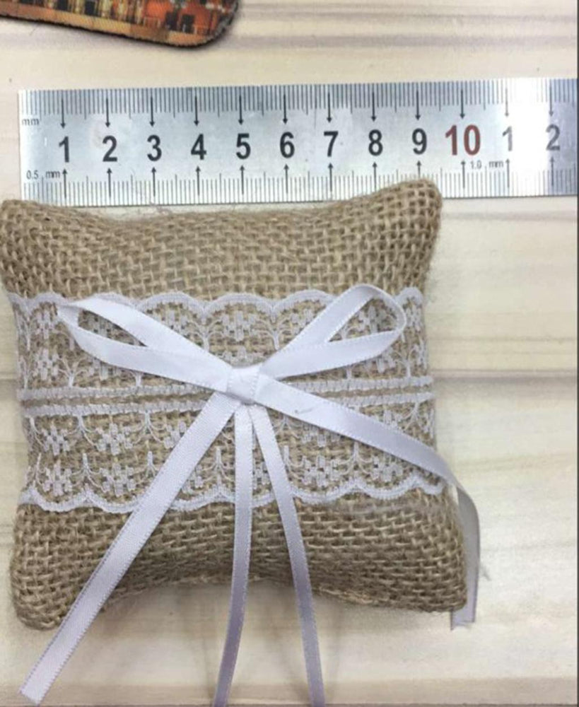 Wedding Bridal Party Jute Burlap Ring Pillow Bow Lace Trim