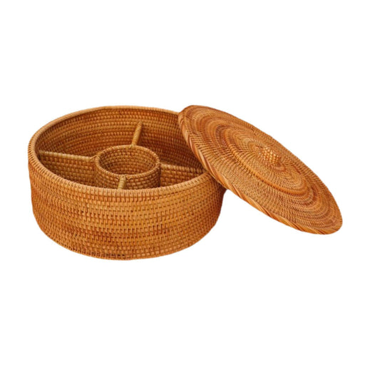 Crofta Round Rattan Basket with Cover Box Serving Basket for Candies Fruit 30cmx30cmx12cm