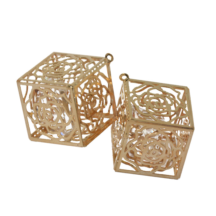 2pcs Fashion Gold Plated Brass Rose Cube Glass Rhinestone Pendants