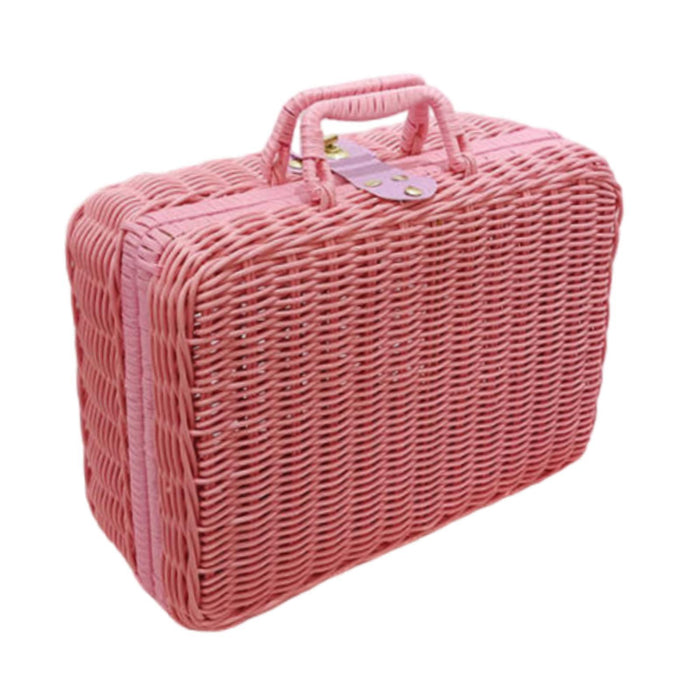 Crofta Woven Suitcase with Handle Portable Picnic Suitcase for Home Outings Desktop Pink M