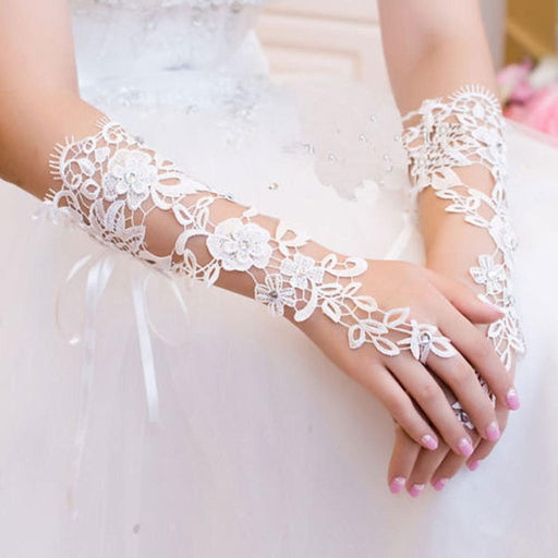 Crofta Woman White Wedding Bridal Prom Party Lace Flower Fingerless Gloves