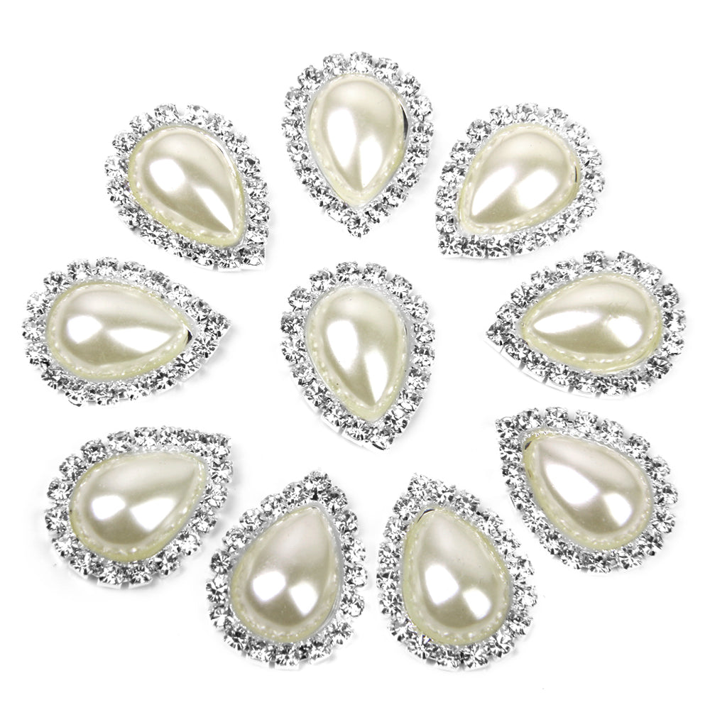 Crofta 10pcs Teardrop Crystal Beige Faux Pearl Button Flatback Embellishment 20mm x 25mm