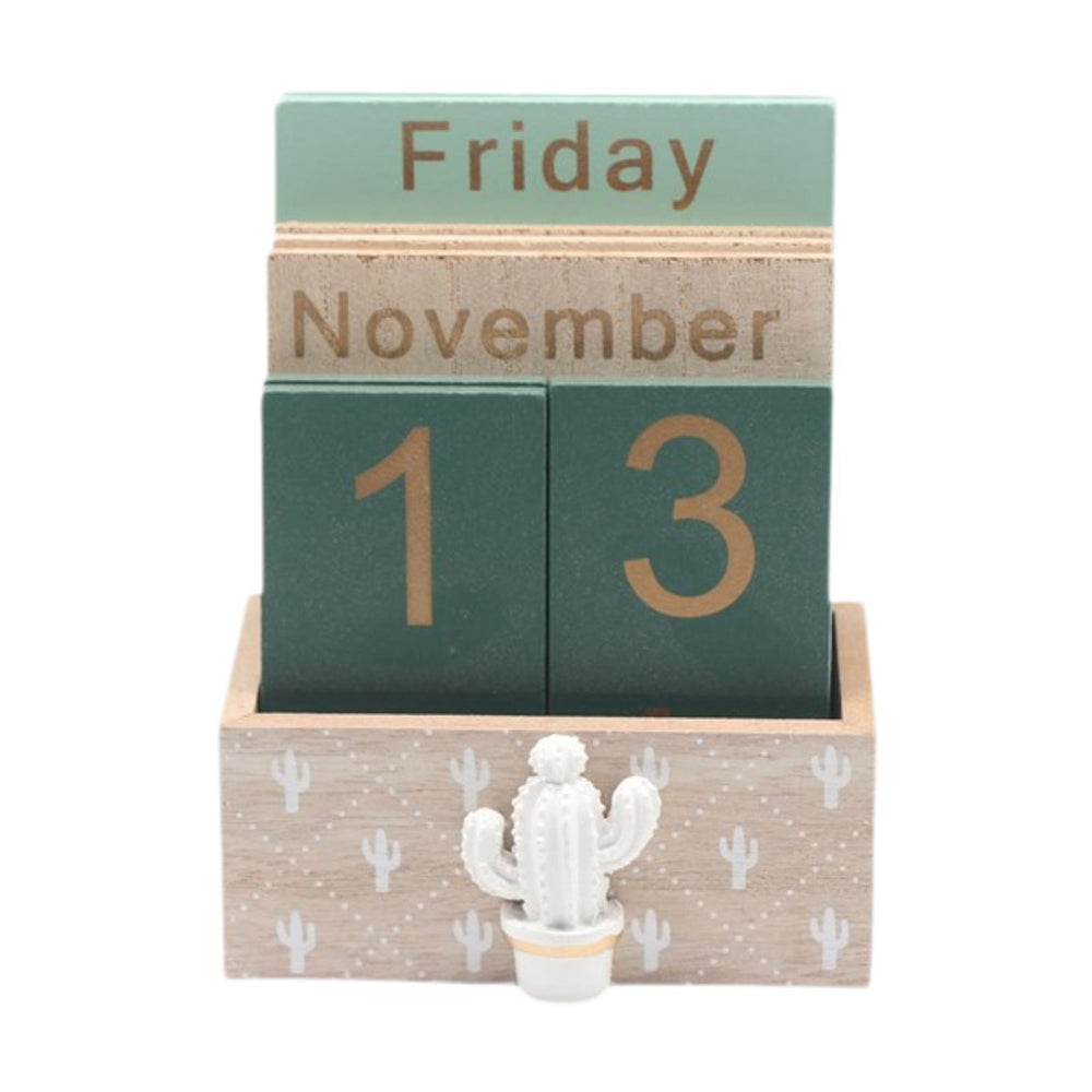 Crofta Wood Block Calendar Desk Office Living Room Birthday Gift Perpetual Calendar Cactus