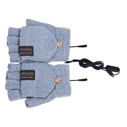 Winter USB Heating Half Finger Gloves Mitten Knitting with Cover Blue Grey