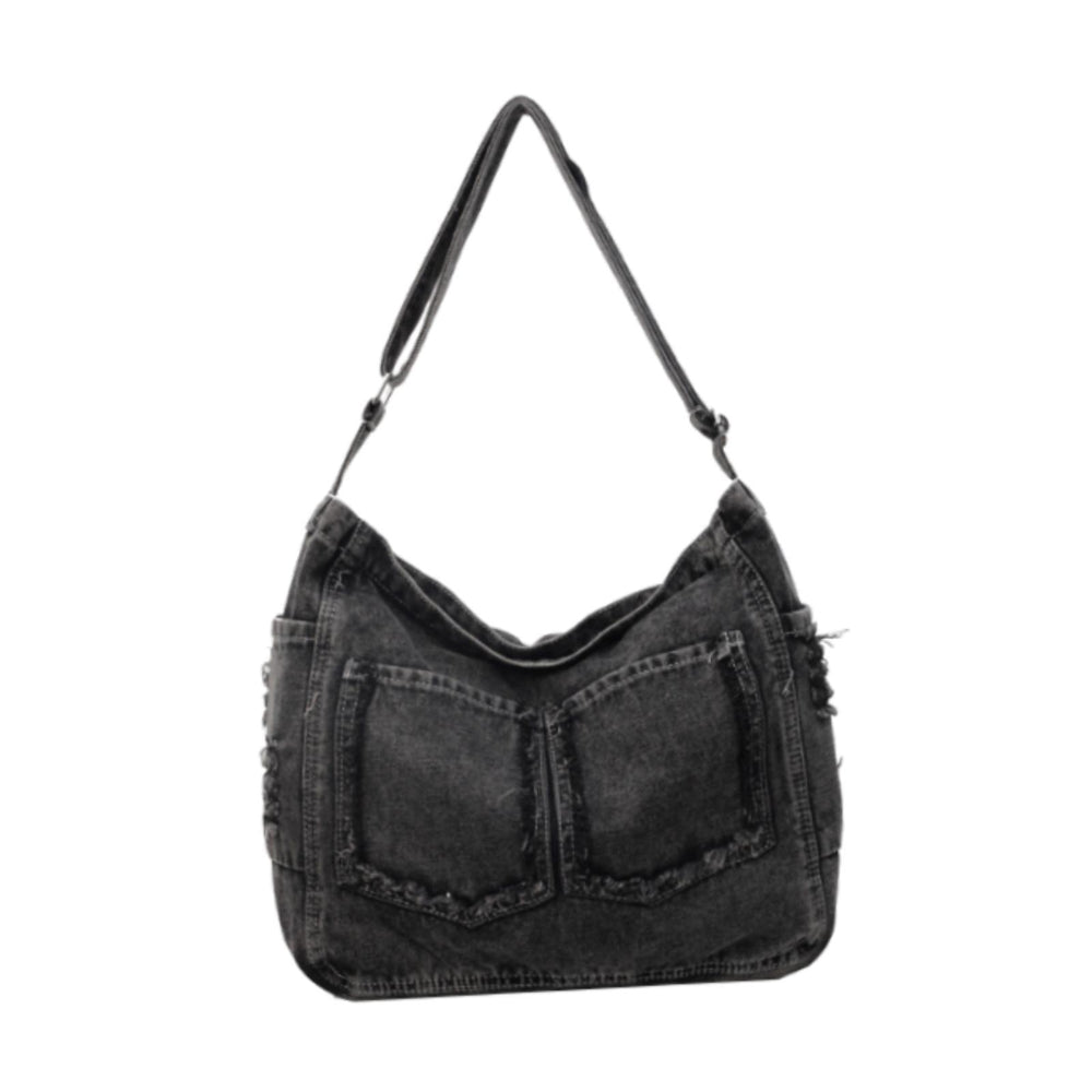 Crofta Women Denim Shoulder Bag Travel Shoulder Bag Retro Style Pouch Jean Tote Bag Gray Black