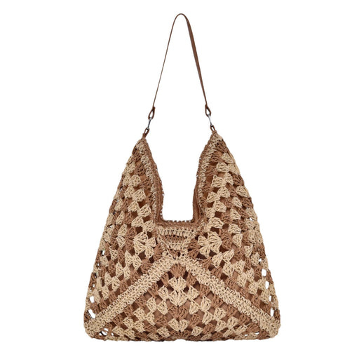 Woven Shoulder Bag Foldable Casual Summer Beach Tote for Beach Vacation Trip Khaki Beige