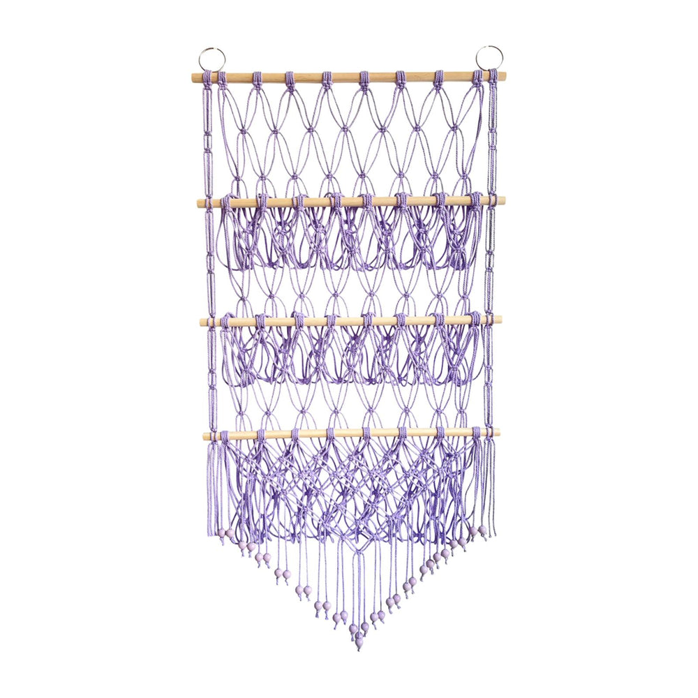 Wall Mounted Macrame Toy Organizer Storage Mesh Holder for Bedroom Kids Room Purple