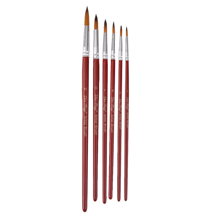 6pcs Assorted Size Artist Painting Round Tip Nylon Brushes-Dark Red