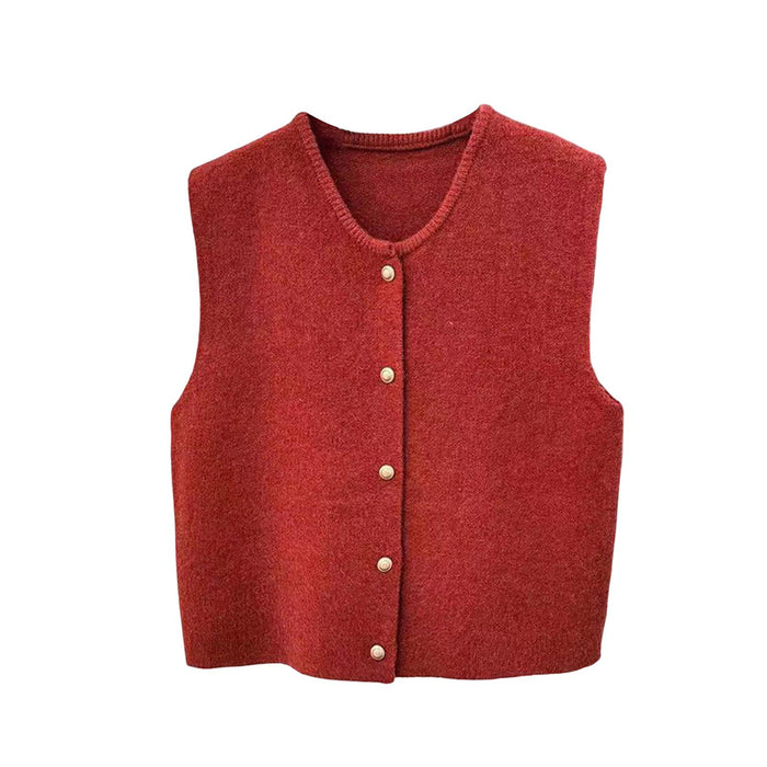 Women Knit Cardigan Vest Button Waistcoat for Commuting Indoor Office Red