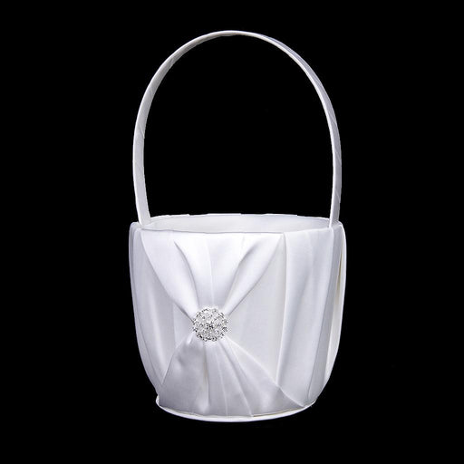 Crofta White Satin Wedding Flower Girl Basket Crystal Rhinestone Decor