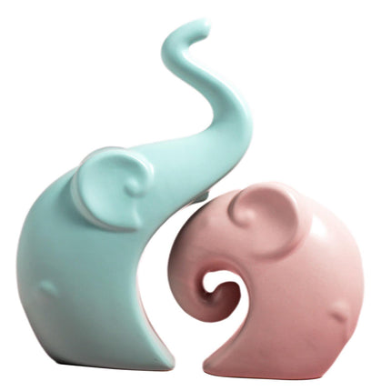 Crofta 2 Pieces Couple Elephant Statues Decorative Figurines for Desk Cabinet Shelf Matte Blue Pink