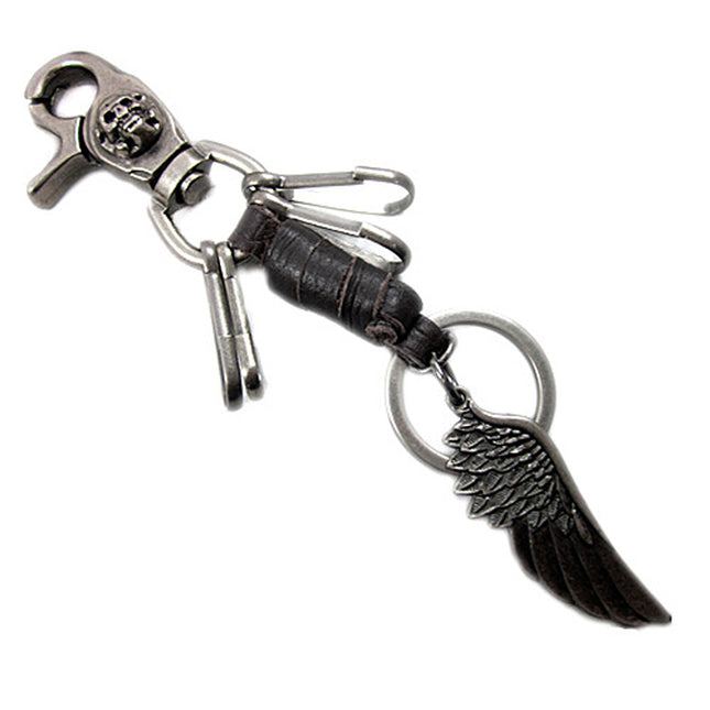 Crofta Vintage Angel Wing Skull Leather Keychain Key Ring Keyfob Holder Black