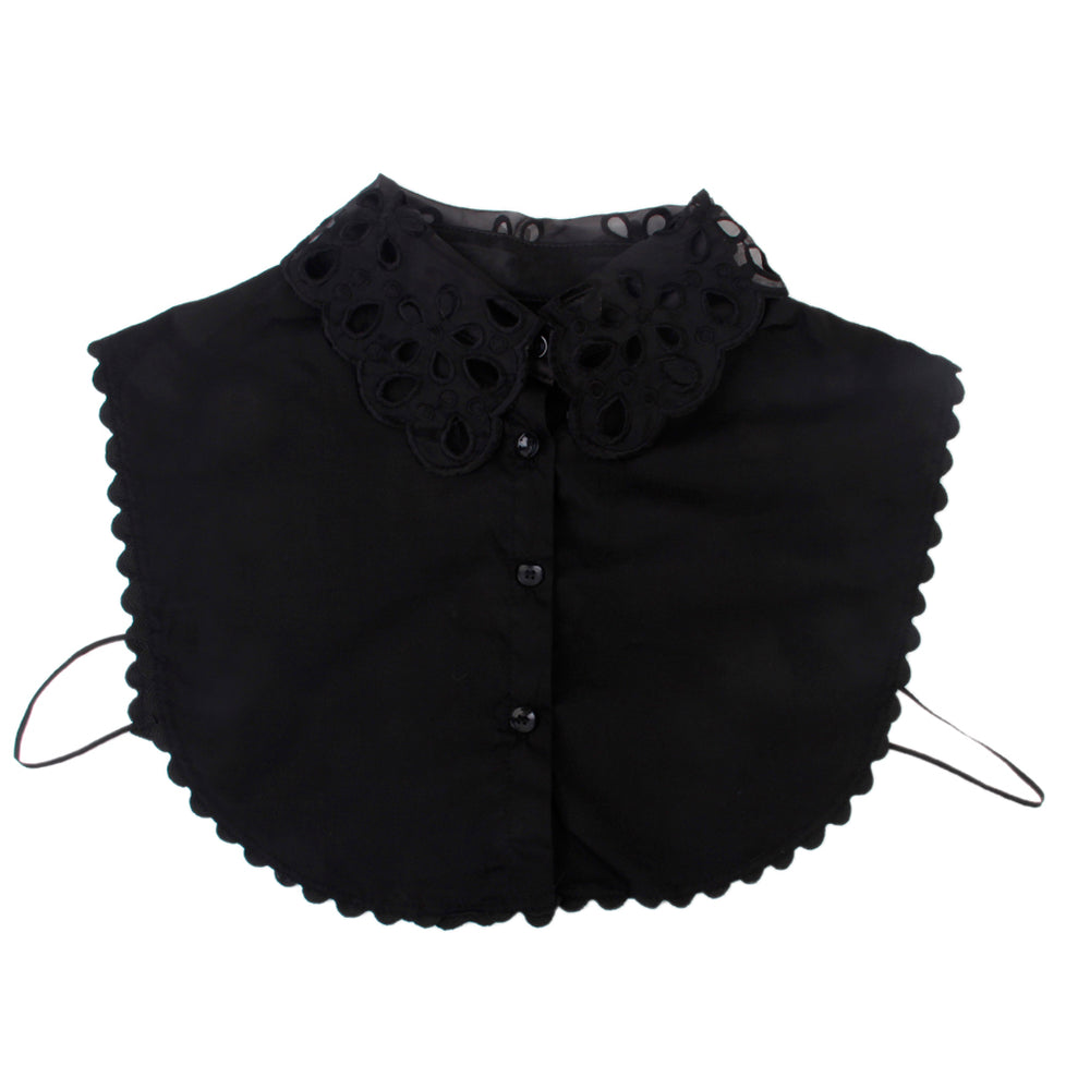 Crofta Women Girls Ladies Elegant Embroidery Hollow Neckline Half Shirt Blouse Detachable Collar Black