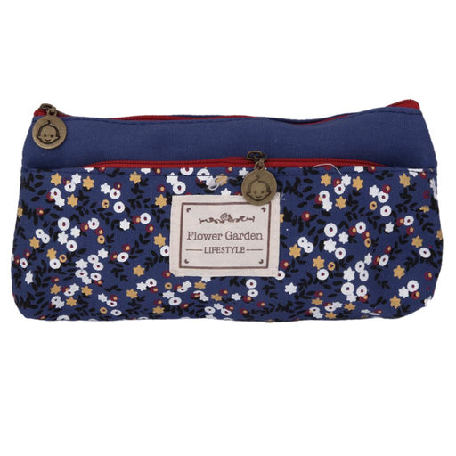 Crofta Flower Canvas Pencil Case Cosmetic Makeup Pouch Zipper Bag Purse Dark Blue