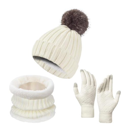 Winter Hat Scarf Gloves Set Winter Cap Neck Warmer for Running Skiing Hiking White