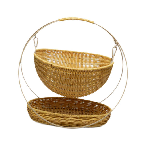 Crofta Woven Storage Basket Rustic with Top Handle 2-tier Tray for Home Snack Beach beige small