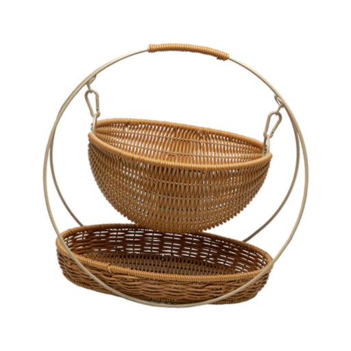 Crofta Woven Storage Basket Rustic with Top Handle 2-tier Tray for Home Snack Beach brown small