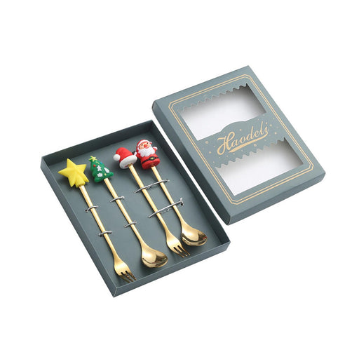 Xmas Spoons Flatware Tea Spoons Kitchen Tableware for Iced Tea Sundae Drinks Green Box with Forks