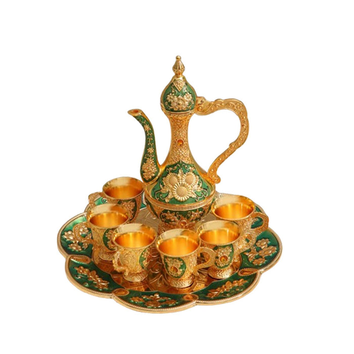 Turkish Coffee Tea Pot Set Art Crafts Tea Cup Set for Home Living Room Party Green