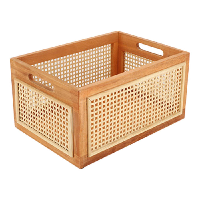 Crofta Wooden Basket Portable Rattan Storage Basket for Display Shelf Cabinet Books wood 35x25x16cm