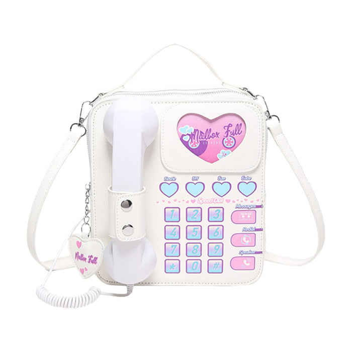 Telephone Crossbody Bag PU Phone Shaped Shoulder Bag for Makeups Cards Girls White