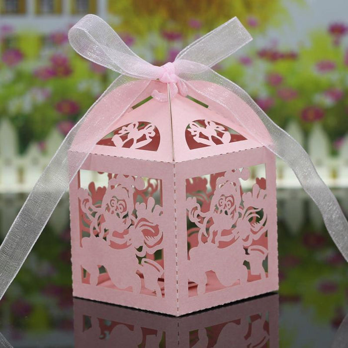 20Pcs Christmas Santa Hollow Out Candy Gift Boxes with Ribbons Decor Pink