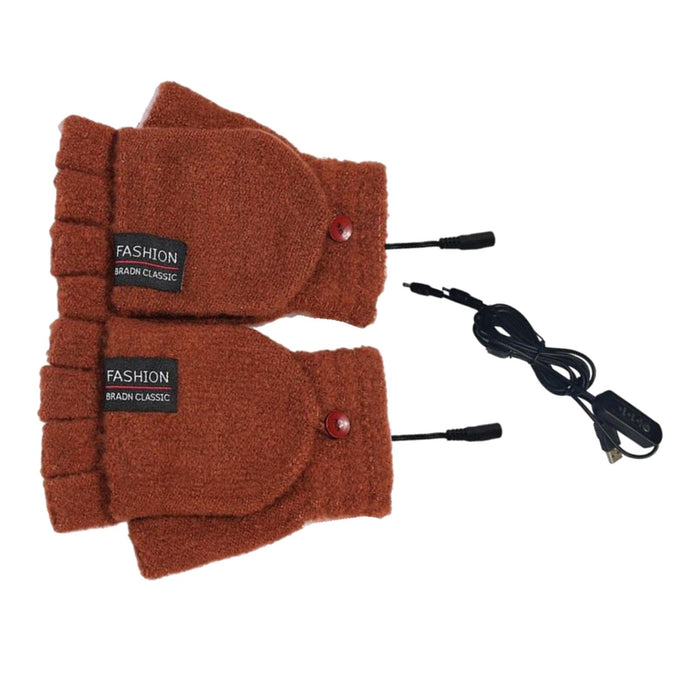 Winter USB Heating Half Finger Gloves Mitten Knitting with Cover Coffee