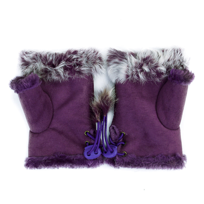 Rabbit Fur Girls Hand Wrist Warmer Fingerless Gloves - Dark Purple