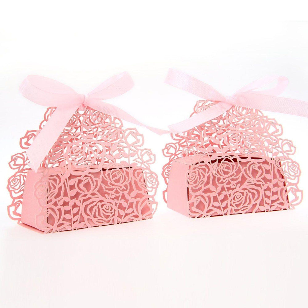 25pcs Pink Rose Design Candy Gift Box with Ribbon Wedding Favors Decoration