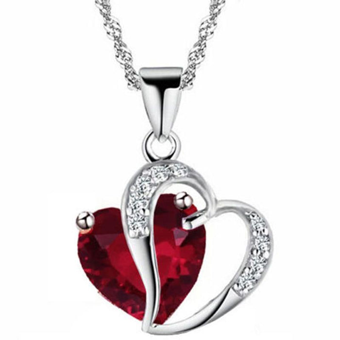 Crofta Women Fashionable Heart Shaped Rhinestone Crystal Pendant Necklace Fashion Accessory Red Silver