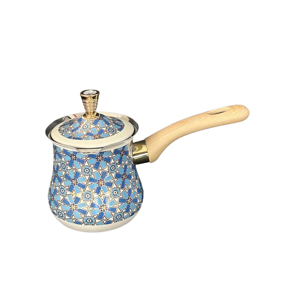 Stainless Steel Turkish Coffee Pot with Lid Melting Butter and Chocolate Pot 900ml Blue Pattern