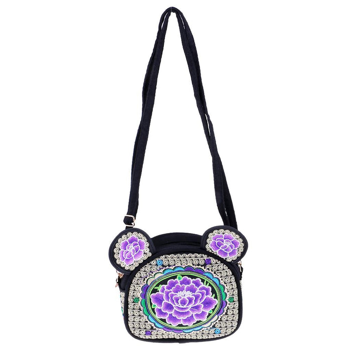 Crofta Yunnan Ethnic Flower Embroidery Ethnic Canvas Women Shoulder Bag Purple